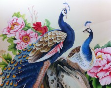 孔雀牡丹背景墙手绘